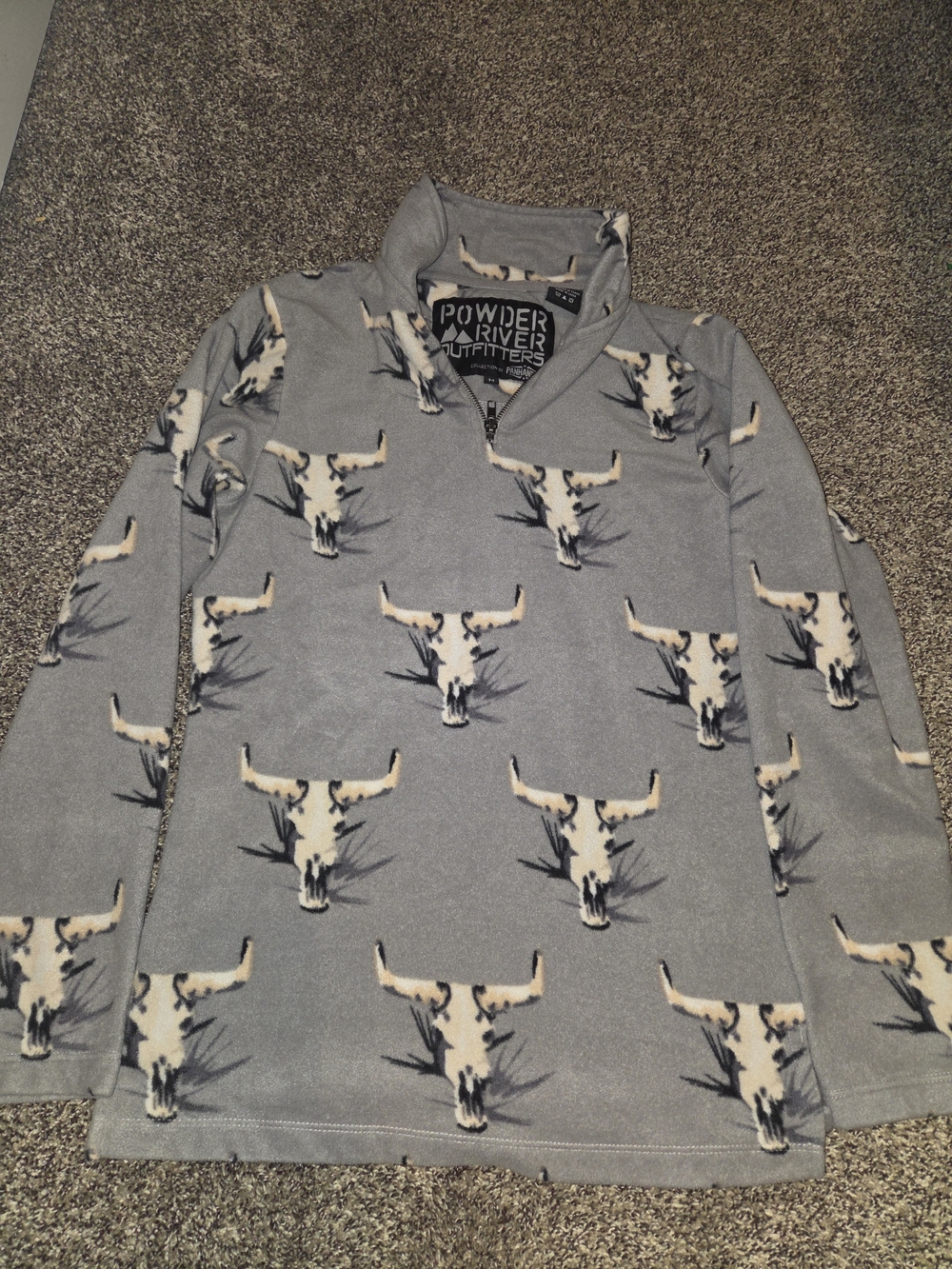 Panhandle Slim Gray Pullover Sweater with White/Black Steer Skull Print